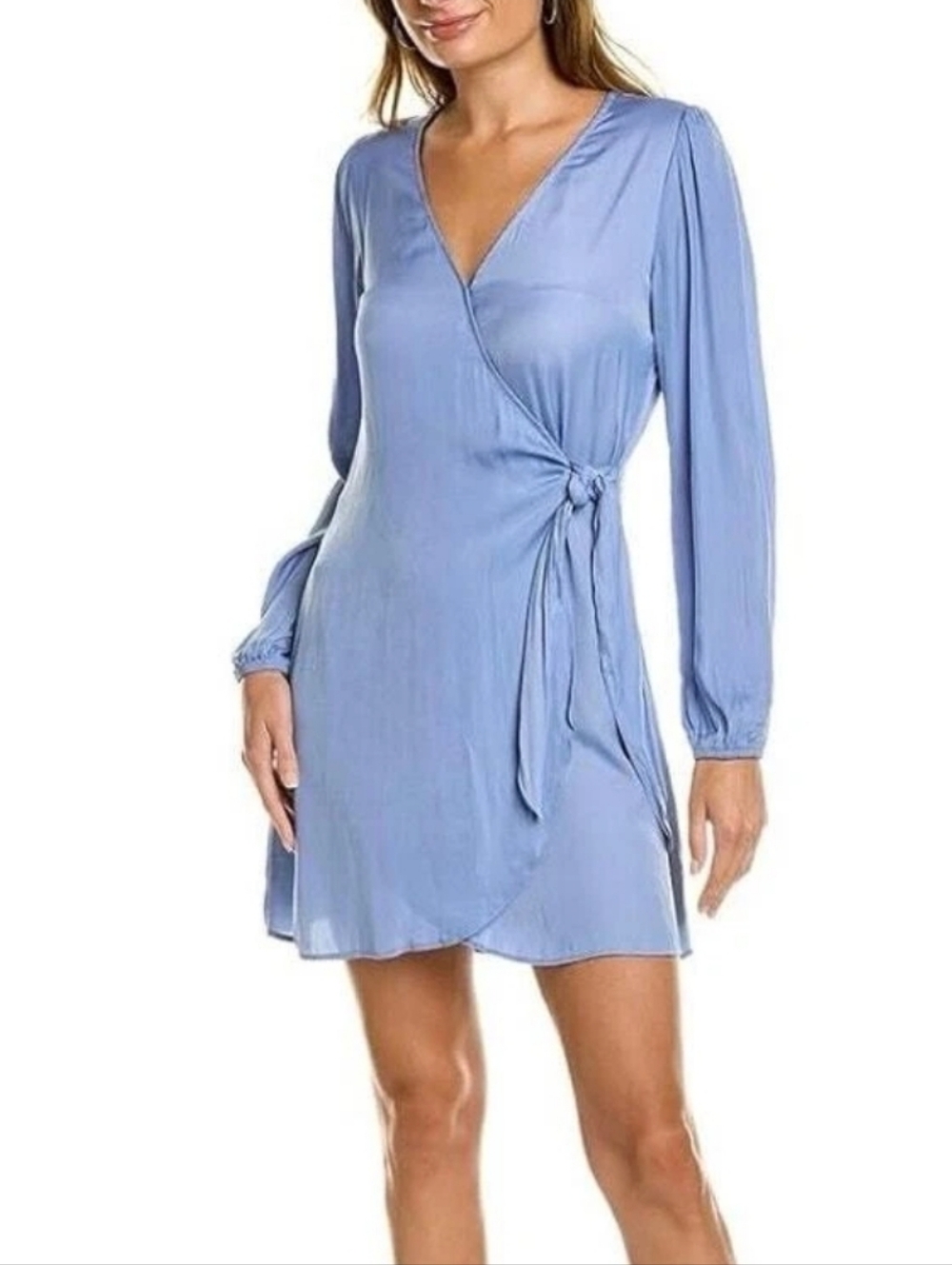 Socialite Light Blue Satin Wrap Tie Dress Long Sleeve Medium